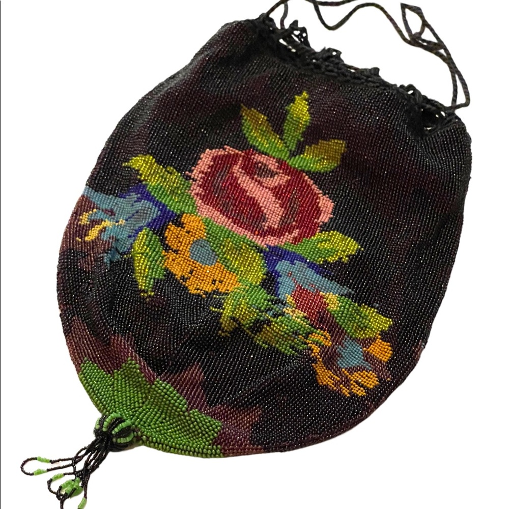 1880s Lg spectacular Victorian Micro Beaded Reticule Bag/roses floral Purse blk